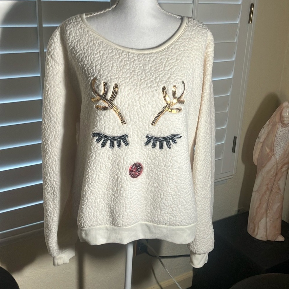 ❄️🤍Mentally Exhausted 100% Polyester Cream Fleece Cute Pullover W/Sequins Sz 2X - Picture 1 of 5